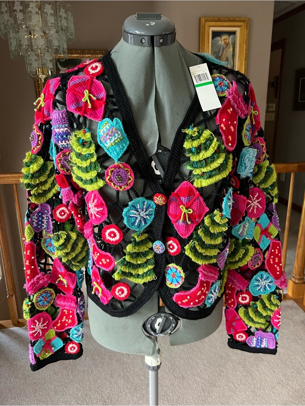 Marisa Christina M L Crochet Open Knit Christmas Sweater Cardigan